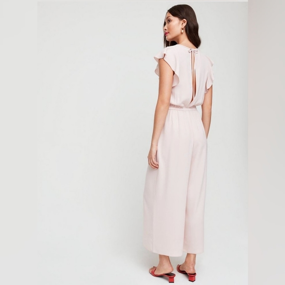NWOT Aritzia Wilfred Ruffle Sleeve Pink Blush Fleurette Wide Leg Jumpsuit sz. L - Picture 5 of 14